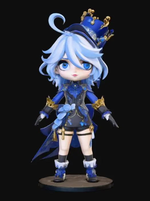 3D model for A 3D image of a chibi-style Furina from Genshin Impact.  Bold and thick details.  Highly stylized.  Highly detailed.  Standing on a round base.
