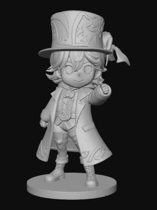 3D model for A 3D image of a chibi-style Lyney from Genshin Impact.  Bold and thick details.  Highly stylized.  Highly detailed.  Standing on a round base.