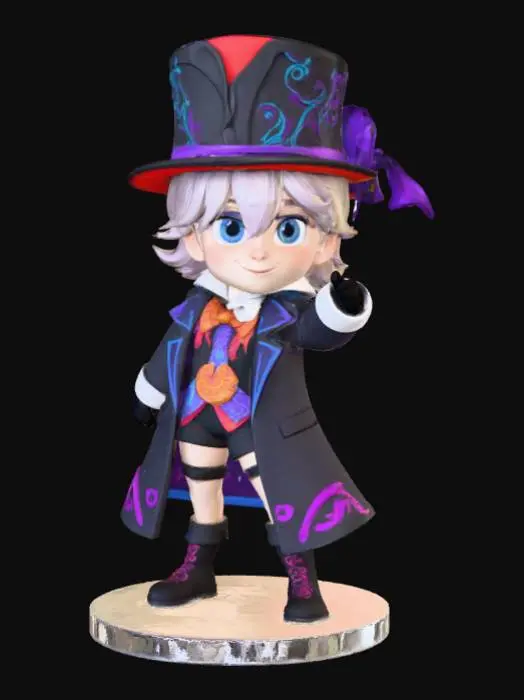 3D model for A 3D image of a chibi-style Lyney from Genshin Impact.  Bold and thick details.  Highly stylized.  Highly detailed.  Standing on a round base.