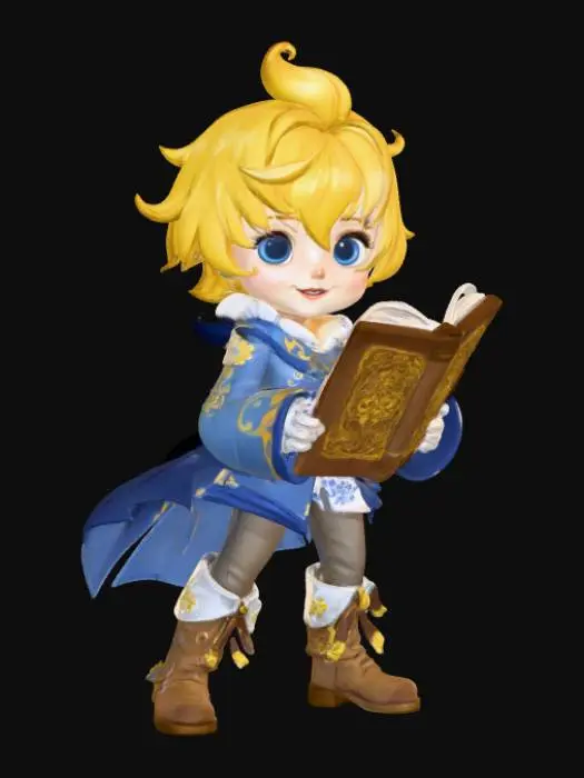 3D model for A 3D image of a chibi-style  Mika from Genshin Impact holding a book.  Bold and thick details.  Highly stylized.  Highly detailed.  Standing on a round base.