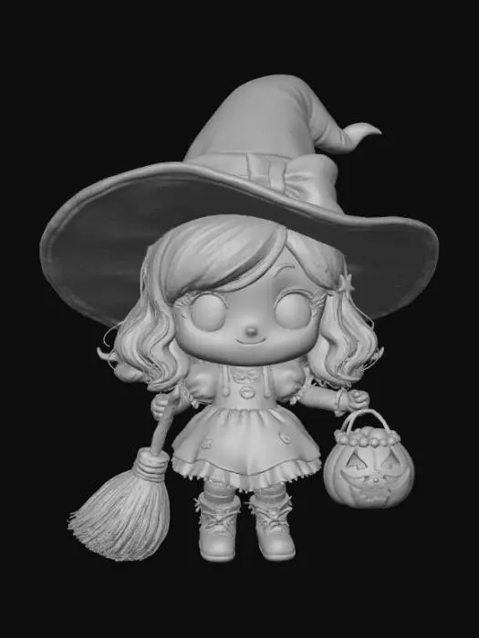 3D model for A chibi pumpkin witch with a big round head and a tiny body, designed in a cute Halloween toy style. She wears an oversized black witch hat with a floppy brim and a crooked tip that leans to one side. The hat has a wide orange ribbon tied into a bow. Her face is cheerful, with large expressive eyes, a tiny button nose, and a mischievous smile.

Her outfit is a short witch dress with puffed sleeves, striped orange-and-black stockings, and shiny black boots with curled toes. The dress is decorated with tiny pumpkin and star charms. She carries a little broomstick in one hand and a jack-o’-lantern candy bucket in the other, overflowing with colorful sweets.
Her hair is shoulder-length and curly, peeking from under her hat in bright orange or deep violet hues., #Halloween2025#
