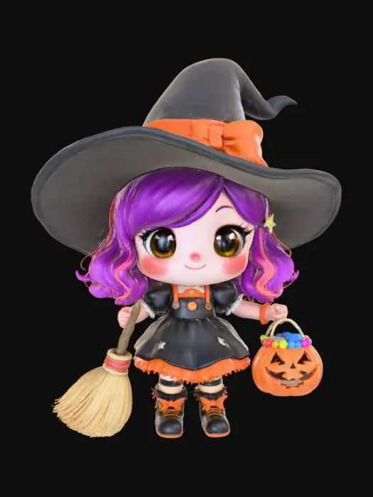 3D model for A chibi pumpkin witch with a big round head and a tiny body, designed in a cute Halloween toy style. She wears an oversized black witch hat with a floppy brim and a crooked tip that leans to one side. The hat has a wide orange ribbon tied into a bow. Her face is cheerful, with large expressive eyes, a tiny button nose, and a mischievous smile.

Her outfit is a short witch dress with puffed sleeves, striped orange-and-black stockings, and shiny black boots with curled toes. The dress is decorated with tiny pumpkin and star charms. She carries a little broomstick in one hand and a jack-o’-lantern candy bucket in the other, overflowing with colorful sweets.
Her hair is shoulder-length and curly, peeking from under her hat in bright orange or deep violet hues., #Halloween2025#