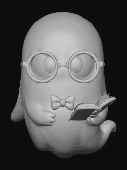 3D model for A nerdy chibi ghost with round spectacles floating in front of its face and a tiny bow tie. It’s holding a miniature spellbook open, with faint runes glowing blue. Its tail curls under it like a question mark.
Colors: White, pale blue, gold accent, black.
Base: Wooden floorboard pattern with scattered books and a candle flickering beside it., #Halloween2025#
