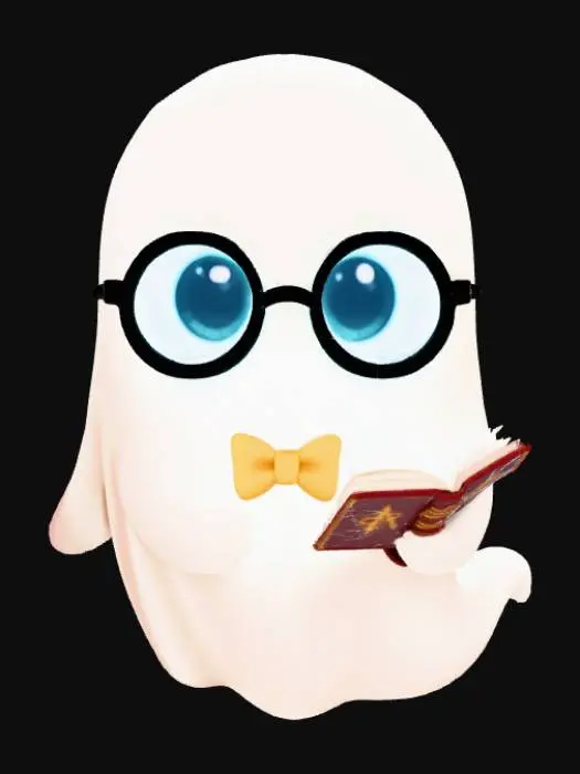 3D model for A nerdy chibi ghost with round spectacles floating in front of its face and a tiny bow tie. It’s holding a miniature spellbook open, with faint runes glowing blue. Its tail curls under it like a question mark.
Colors: White, pale blue, gold accent, black.
Base: Wooden floorboard pattern with scattered books and a candle flickering beside it., #Halloween2025#