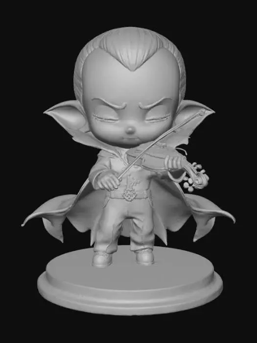 3D model for 3D chibi vampire playing a miniature violin under a crescent moon. Eyes closed, cape billowing slightly. Standing on a round stage base with tiny music notes swirling around.
Colors: dark purple, silver, black, pale skin tone. #Halloween2025#