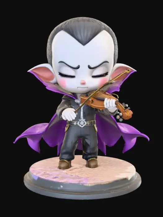 3D model for 3D chibi vampire playing a miniature violin under a crescent moon. Eyes closed, cape billowing slightly. Standing on a round stage base with tiny music notes swirling around.
Colors: dark purple, silver, black, pale skin tone. #Halloween2025#
