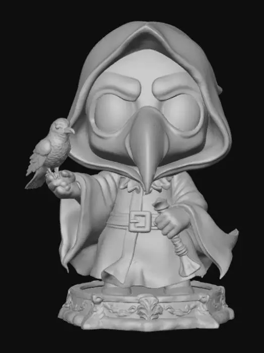 3D model for Kawaii chibi plague doctor gently holding a small cartoon crow on one hand, standing on a gothic base. Stylized 3D toy aesthetic, rounded edges, simplified colors, vibrant texture detail, transparent background. , #Halloween2025#