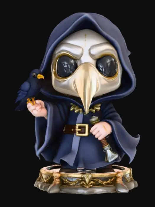 3D model for Kawaii chibi plague doctor gently holding a small cartoon crow on one hand, standing on a gothic base. Stylized 3D toy aesthetic, rounded edges, simplified colors, vibrant texture detail, transparent background. , #Halloween2025#