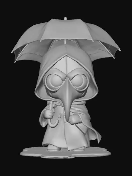 3D model for Chibi plague doctor holding a black umbrella over his head, puddles splashing at their feet. Cute toy-like figure with rounded proportions, simplified 3D details, transparent background. , #Halloween2025#