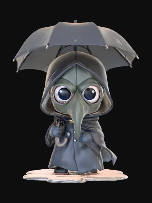 3D model for Chibi plague doctor holding a black umbrella over his head, puddles splashing at their feet. Cute toy-like figure with rounded proportions, simplified 3D details, transparent background. , #Halloween2025#