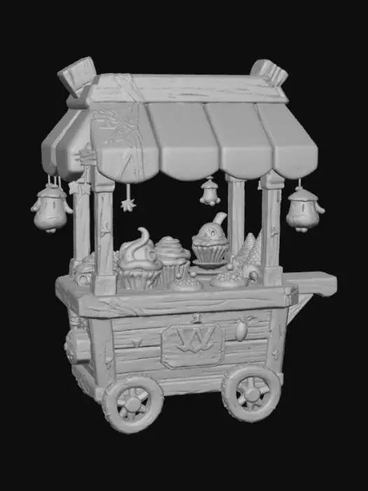 3D model for Chibi-style Halloween food cart selling spooky treats — ghost cupcakes and bat cookies. Cute 3D rounded proportions, bold stylized details, four-color palette, transparent background. , #Halloween2025#