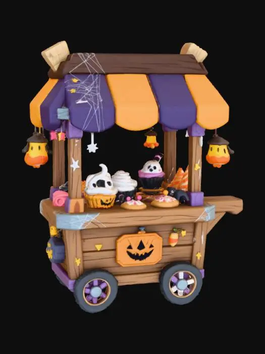 3D model for Chibi-style Halloween food cart selling spooky treats — ghost cupcakes and bat cookies. Cute 3D rounded proportions, bold stylized details, four-color palette, transparent background. , #Halloween2025#