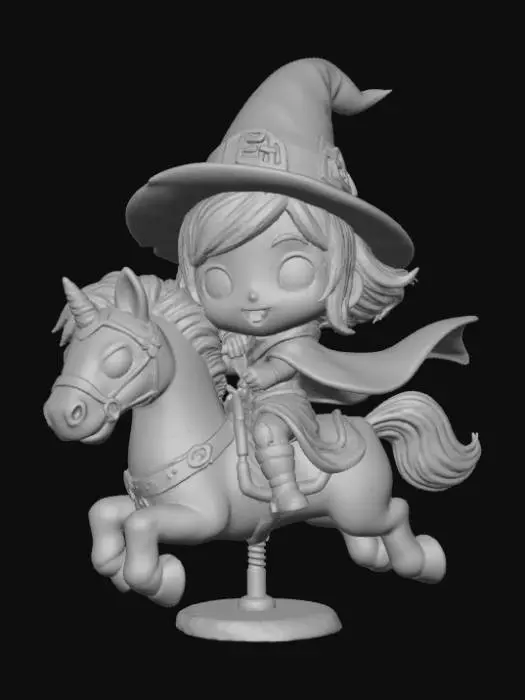 3D model for Chibi witch riding a ghostly carousel horse at a Halloween carnival. Pointed hat, wide smile, and flowing cape. Stylized 3D model with rounded proportions, bold toy-like details, soft lighting, four colors or fewer, transparent background. , #Halloween2025#