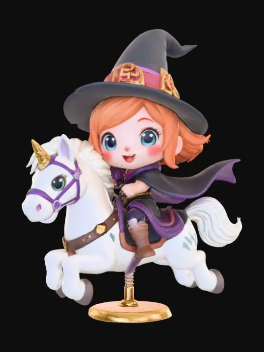 3D model for Chibi witch riding a ghostly carousel horse at a Halloween carnival. Pointed hat, wide smile, and flowing cape. Stylized 3D model with rounded proportions, bold toy-like details, soft lighting, four colors or fewer, transparent background. , #Halloween2025#