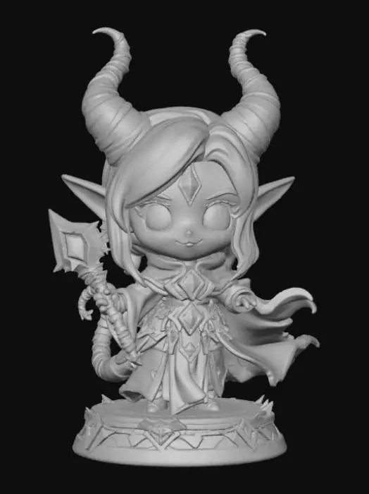 3D model for Chibi tiefling female spellcaster, curled horns, slender tail, confident or mischievous pose, stylized 3D miniature with thick rounded details, 4 colors or less, standing on a mystical runed base, expressive chibi proportions.