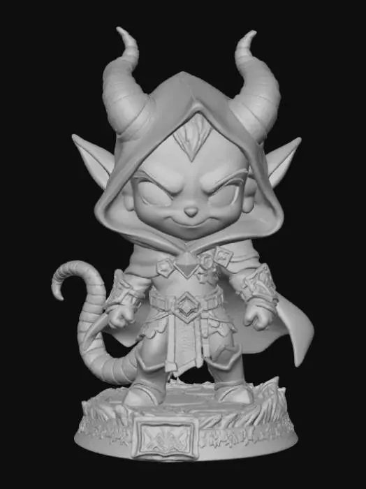 3D model for Chibi tiefling male rogue, curled horns, slender tail, confident or mischievous pose, stylized 3D miniature with thick rounded details, standing on a mystical runed base, expressive chibi proportions.