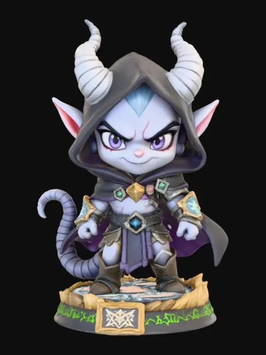 3D model for Chibi tiefling male rogue, curled horns, slender tail, confident or mischievous pose, stylized 3D miniature with thick rounded details, standing on a mystical runed base, expressive chibi proportions.