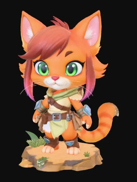3D model for Chibi female tabaxi adventurer, feline humanoid with fur texture and expressive cat eyes, small rounded snout, cute pawed hands and feet, standing on jungle or sand-textured base, stylized 3D proportions with bold thick detail lines, optimized for printing.