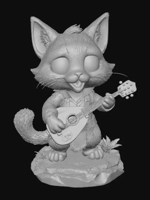 3D model for Chibi male tabaxi bard, feline humanoid with fur texture and expressive cat eyes, mouth open singing, small rounded snout, cute pawed hands and feet, standing on jungle or sand-textured base, stylized 3D proportions with bold thick detail lines, optimized for printing.