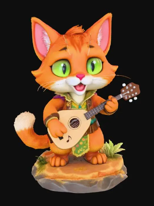 3D model for Chibi male tabaxi bard, feline humanoid with fur texture and expressive cat eyes, mouth open singing, small rounded snout, cute pawed hands and feet, standing on jungle or sand-textured base, stylized 3D proportions with bold thick detail lines, optimized for printing.