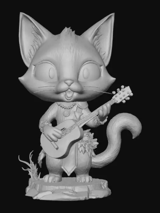 3D model for Chibi female tabaxi bard, feline humanoid with fur texture and expressive cat eyes, mouth open singing, small rounded snout, cute pawed hands and feet, standing on jungle or sand-textured base, stylized 3D proportions with bold thick detail lines, optimized for printing.
