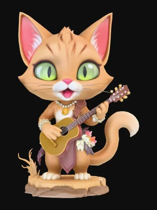 3D model for Chibi female tabaxi bard, feline humanoid with fur texture and expressive cat eyes, mouth open singing, small rounded snout, cute pawed hands and feet, standing on jungle or sand-textured base, stylized 3D proportions with bold thick detail lines, optimized for printing.