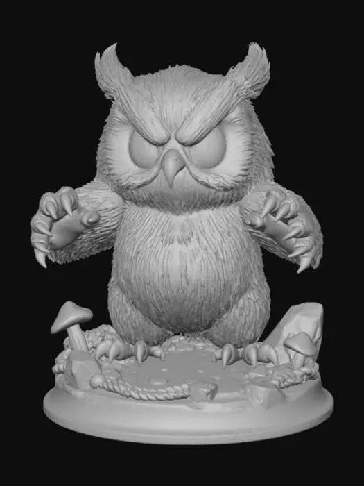 3D model for Chibi-style owlbear standing proudly on a round adventure-themed base (rocks, tiny mushrooms, rope coils, scattered coins). Fluffy owl features with big expressive eyes, chunky bear body, exaggerated paws and claws, feather tufts, cute beak. Dynamic pose, poised like it's ready to pounce but still cute. Highly stylized, highly detailed, thick bold shapes ideal for 3D printing. Smooth rounded forms with strong silhouette. Crisp feather and fur texture. Heroic but adorable expression. High-contrast details, clean geometry, no fragile parts, solid sculpt.