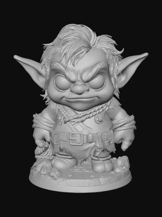 3D model for A3D image of a Chibi-style goblin standing on a round adventure-themed base (rocks, rope coils, scattered coins). Green skin with big expressive eyes, paunchy body, exaggerated long arms, sparse tofts of hair, large mouth. Comical expression. Wearing ill-fitting clothing. Cute. Highly stylized, highly detailed, thick bold shapes ideal for 3D printing. Smooth rounded forms with strong silhouette. Crisp feather and fur texture. Heroic but adorable expression. High-contrast details, clean geometry, no fragile parts, solid sculpt.