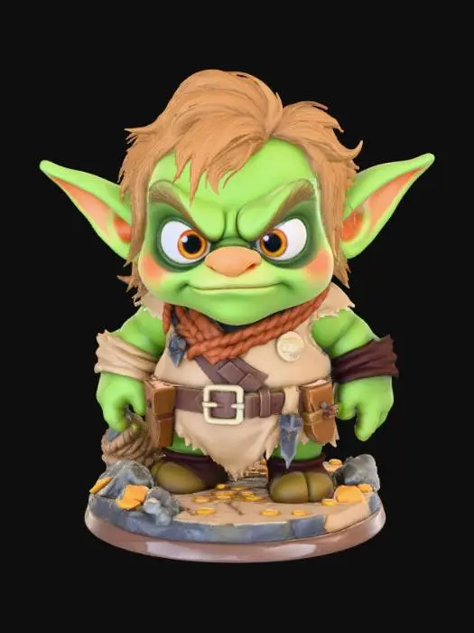 3D model for A3D image of a Chibi-style goblin standing on a round adventure-themed base (rocks, rope coils, scattered coins). Green skin with big expressive eyes, paunchy body, exaggerated long arms, sparse tofts of hair, large mouth. Comical expression. Wearing ill-fitting clothing. Cute. Highly stylized, highly detailed, thick bold shapes ideal for 3D printing. Smooth rounded forms with strong silhouette. Crisp feather and fur texture. Heroic but adorable expression. High-contrast details, clean geometry, no fragile parts, solid sculpt.