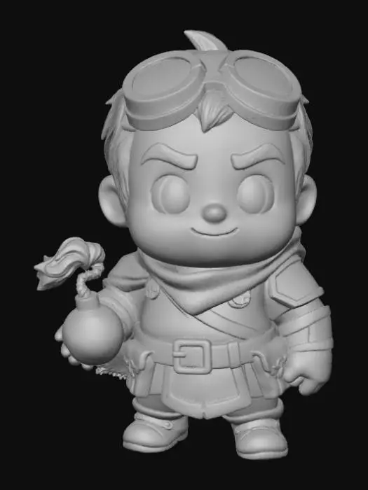 3D model for A 3D image of a Chibi-style Dungeons & Dragons male artificer adventurer standing proudly. Cute features with big expressive eyes, chunky body, cute smile. Dynamic pose, but still cute. 

Wearing a set of goggles and holding a round cartoon-style bomb.

Highly stylized, highly detailed, thick bold shapes ideal for 3D printing. Smooth rounded forms with strong silhouette. Crisp texture, small adventure accessories. Heroic but adorable expression. High-contrast details, clean geometry, no fragile parts, solid sculpt.