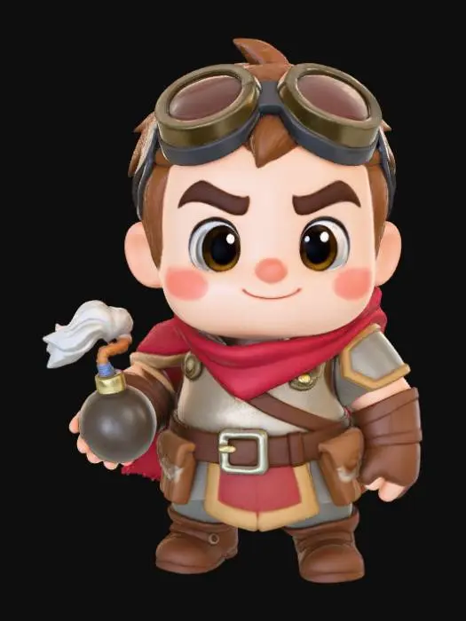 3D model for A 3D image of a Chibi-style Dungeons & Dragons male artificer adventurer standing proudly. Cute features with big expressive eyes, chunky body, cute smile. Dynamic pose, but still cute. 

Wearing a set of goggles and holding a round cartoon-style bomb.

Highly stylized, highly detailed, thick bold shapes ideal for 3D printing. Smooth rounded forms with strong silhouette. Crisp texture, small adventure accessories. Heroic but adorable expression. High-contrast details, clean geometry, no fragile parts, solid sculpt.