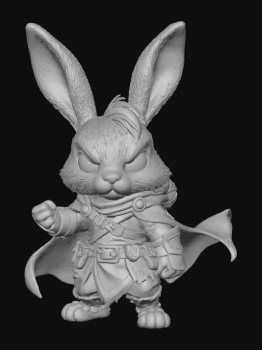 3D model for A 3D image of a chibi-style male rabbit adventurer, heroic fantasy pose, detailed stylized attire, big expressive eyes, small mouth, thick and bold details, vibrant yet color palette, optimized for 3D printing, highly detailed stylized textures.