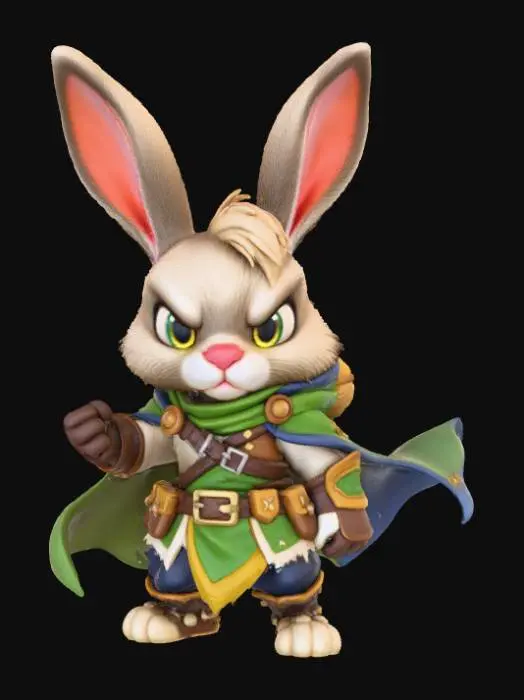 3D model for A 3D image of a chibi-style male rabbit adventurer, heroic fantasy pose, detailed stylized attire, big expressive eyes, small mouth, thick and bold details, vibrant yet color palette, optimized for 3D printing, highly detailed stylized textures.