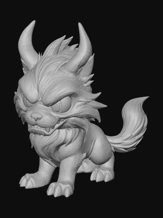 3D model for A 3D image of a chibi-style Dungeons & Dragons hellhound, menacing pose, cute features including large eyes, small mouth and nose, highly detailed, highly stylized, bold and thick details optimized for 3D printing. Bright colors. White background.