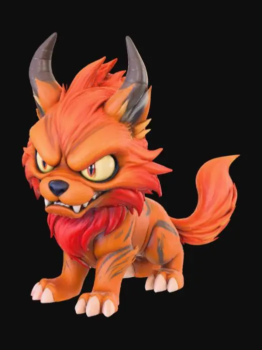 3D model for A 3D image of a chibi-style Dungeons & Dragons hellhound, menacing pose, cute features including large eyes, small mouth and nose, highly detailed, highly stylized, bold and thick details optimized for 3D printing. Bright colors. White background.