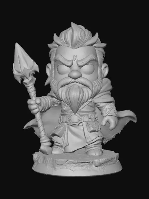 3D model for Chibi human male druid, heroic fantasy pose, detailed stylized druidic robes, short rounded limbs, big expressive eyes, small nose and smiling mouth, standing on a round textured fantasy base, thick and bold details, vibrant yet limited color palette (4 colors or less), optimized for 3D printing, highly detailed stylized textures.