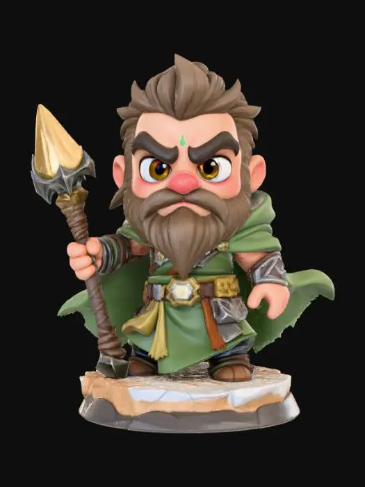 3D model for Chibi human male druid, heroic fantasy pose, detailed stylized druidic robes, short rounded limbs, big expressive eyes, small nose and smiling mouth, standing on a round textured fantasy base, thick and bold details, vibrant yet limited color palette (4 colors or less), optimized for 3D printing, highly detailed stylized textures.