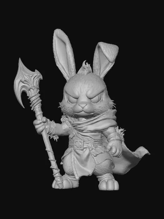 3D model for A 3D image of a chibi style Dungeons & Dragons male rabbit druid, holding a simple wooden staff, attack pose, wearing robes and leather sandals, cute features including large eyes, small mouth and nose, highly stylized, highly detailed, bold and thick details optimized for 3D printing. Green background.