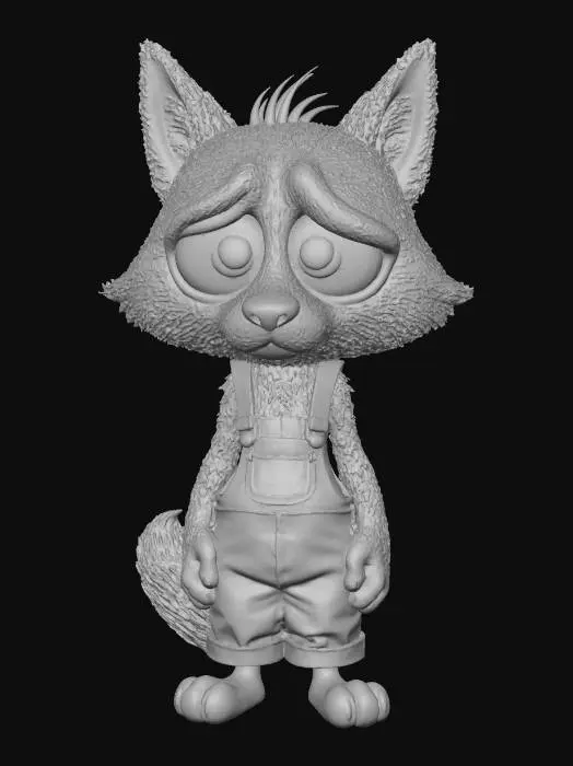 3D model for A 3D image of a chibi-style 
tall skinny, mangy wolf villain who looks a little bit clueless, worried expression, bulging eyes, baggy overalls, highly stylized, thick and bold details, white background.