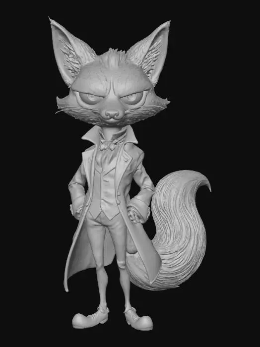 3D model for A 3D image of a chibi-style 
tall, thin fox dressed in Victorian attire, smug expression, elegant pose, highly stylized, thick and bold details, white background.