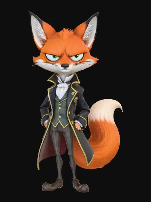 3D model for A 3D image of a chibi-style 
tall, thin fox dressed in Victorian attire, smug expression, elegant pose, highly stylized, thick and bold details, white background.
