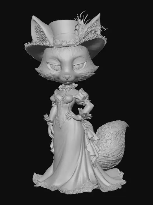 3D model for A 3D image of a chibi-style 
tall, thin female fox dressed in Victorian attire, smug expression, elegant pose, highly stylized, thick and bold details, white background.