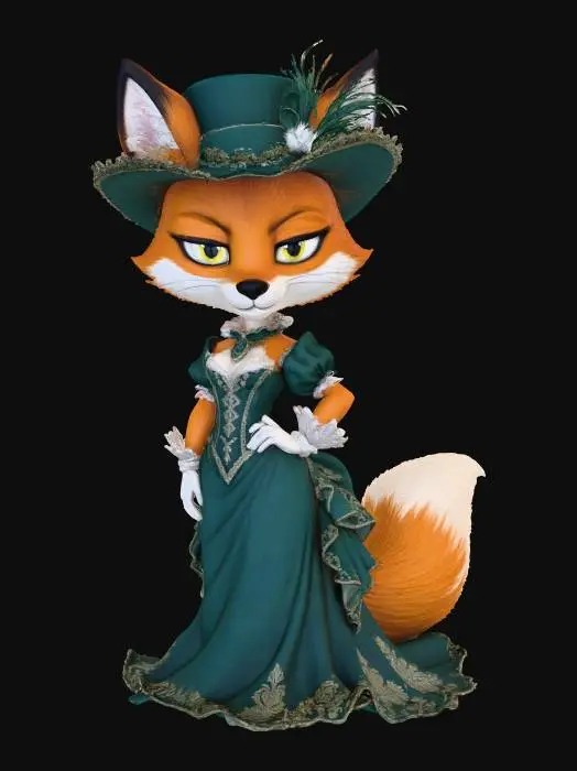 3D model for A 3D image of a chibi-style 
tall, thin female fox dressed in Victorian attire, smug expression, elegant pose, highly stylized, thick and bold details, white background.