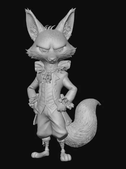 3D model for A 3D image of a chibi-style 
tall, thin male fox dressed in Elizabethan attire, smug expression, elegant pose, highly stylized, thick and bold details, white background.