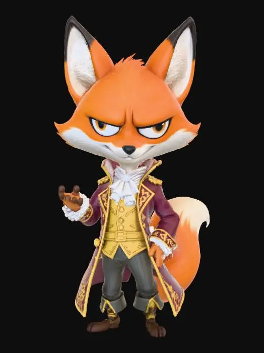 3D model for A 3D image of a chibi-style 
tall, thin male fox dressed in Georgian attire, smug expression, elegant pose, highly stylized, thick and bold details, white background.