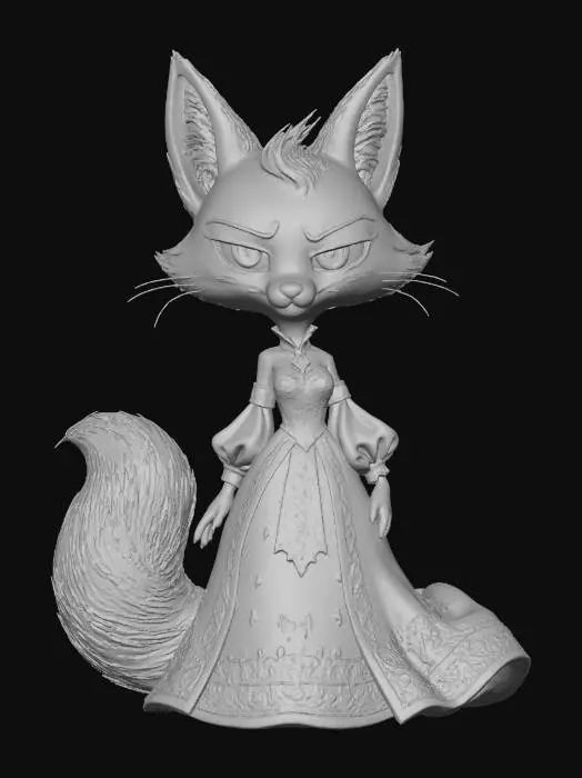3D model for A 3D image of a chibi-style 
tall, thin female fox dressed in Georgian attire, smug expression, elegant pose, highly stylized, thick and bold details, white background.