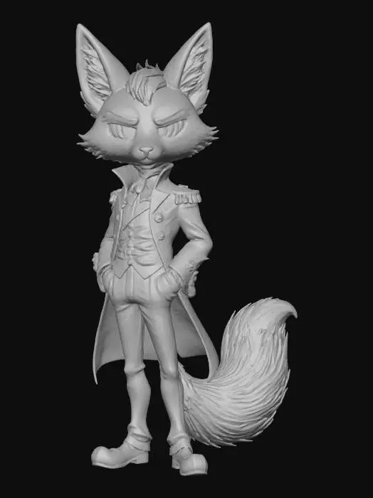 3D model for A 3D image of a chibi-style 
tall, thin male fox dressed in American civil war attire, elegant pose, highly stylized, thick and bold details, white background.