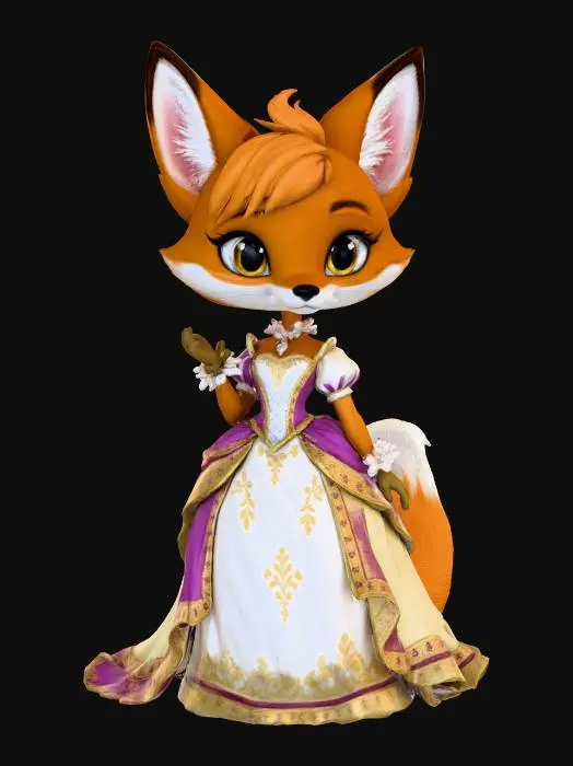 3D model for A 3D image of a chibi-style 
tall, thin female fox dressed in American civil war attire, elegant pose, highly stylized, thick and bold details, white background.