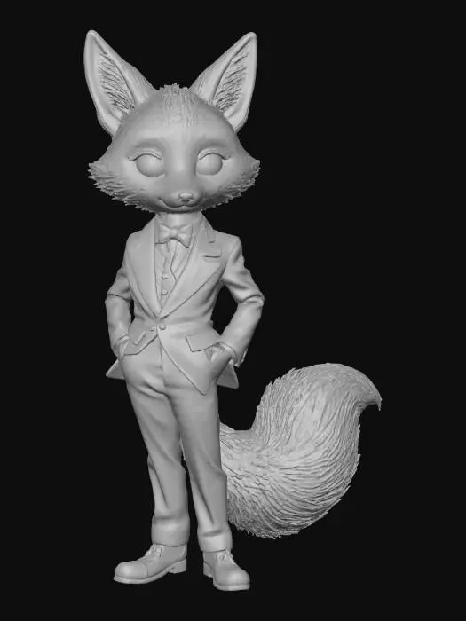3D model for A 3D image of a chibi-style 
tall, thin male fox dressed in 1940's attire, elegant pose, highly stylized, thick and bold details, white background.