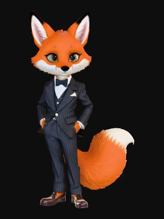 3D model for A 3D image of a chibi-style 
tall, thin male fox dressed in 1940's attire, elegant pose, highly stylized, thick and bold details, white background.